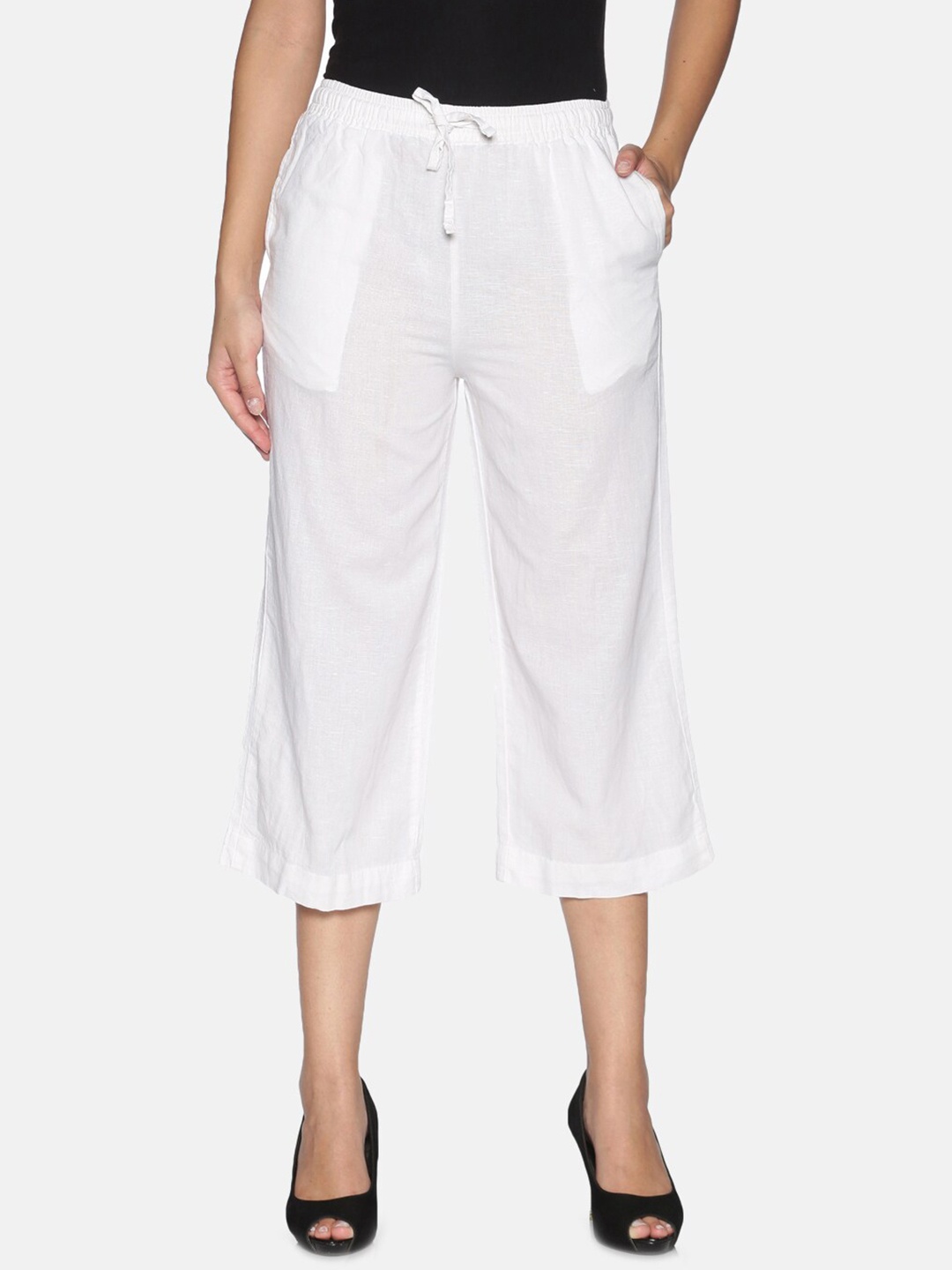 

TWIN BIRDS Women White Cotton Linen Cropped Ethnic Culottes