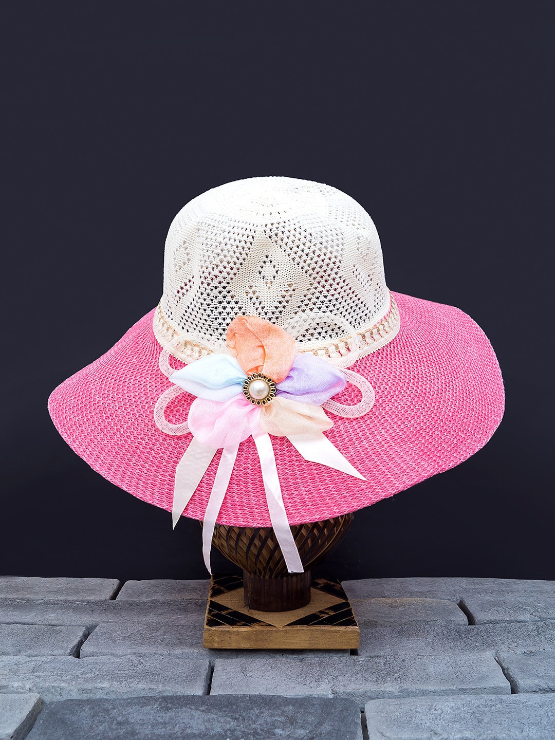 

Golden Peacock Women Pink & White Woven Design Straw Sun Hat