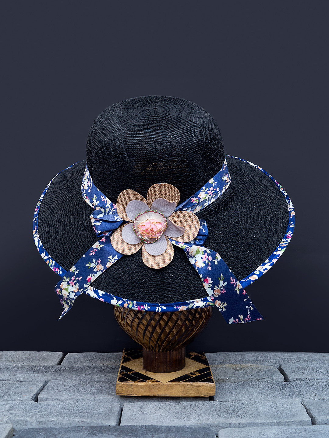 

Golden Peacock Women Navy Blue & Black Woven-Design Straw Sun Hat