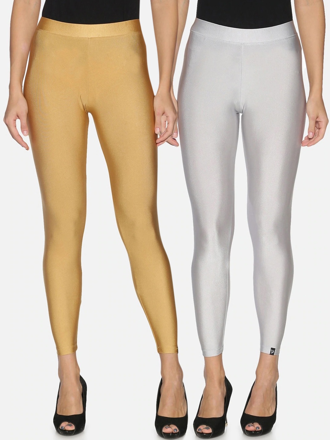 

TWIN BIRDS Women Pack Of 2 Solid Tailored-Fit Shimmer Ankle Legging, Gold
