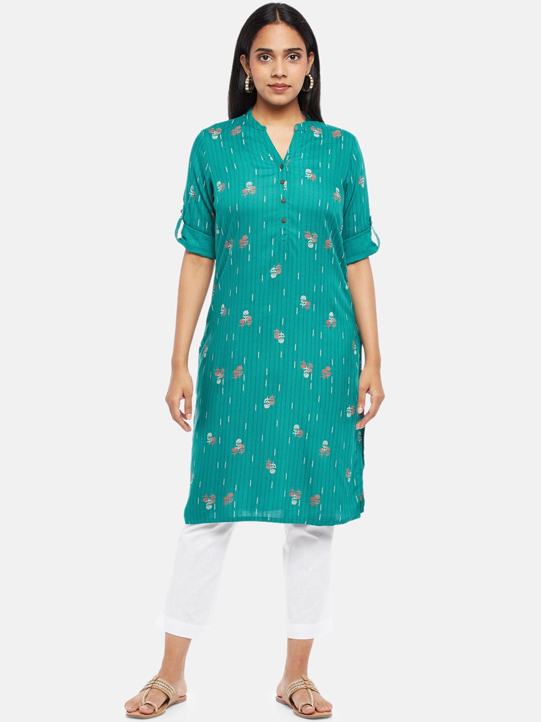 

RANGMANCH BY PANTALOONS Women Teal & White Floral Striped Kurta