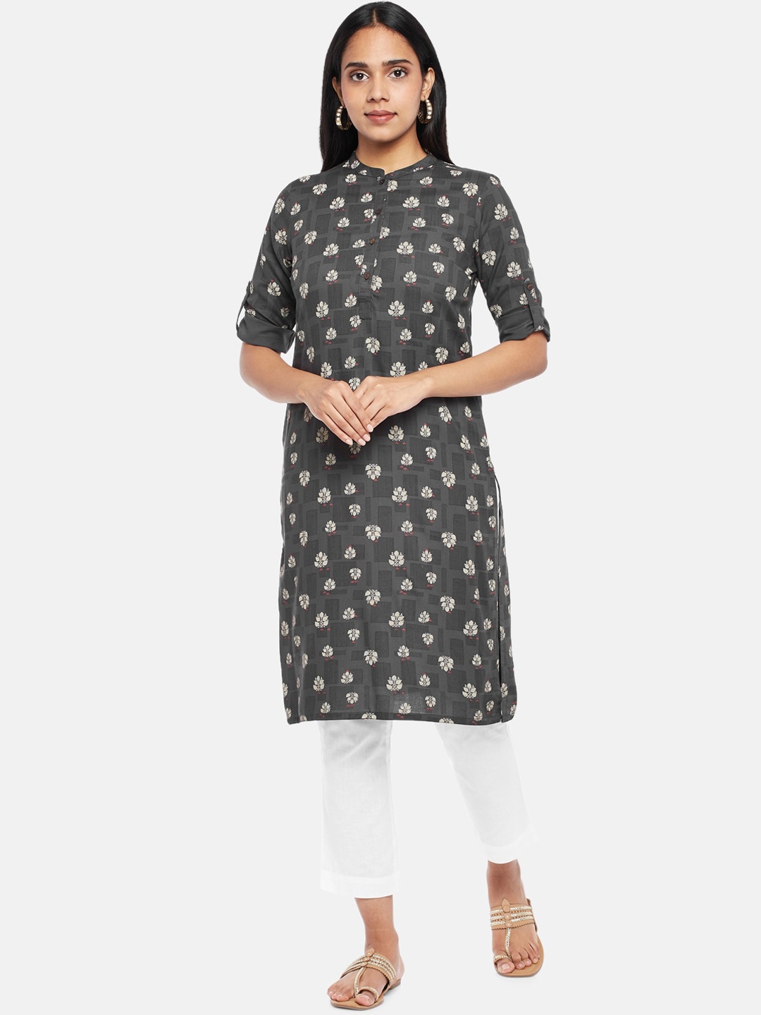 

RANGMANCH BY PANTALOONS Women Black & White Ethnic Motifs Printed Kurta