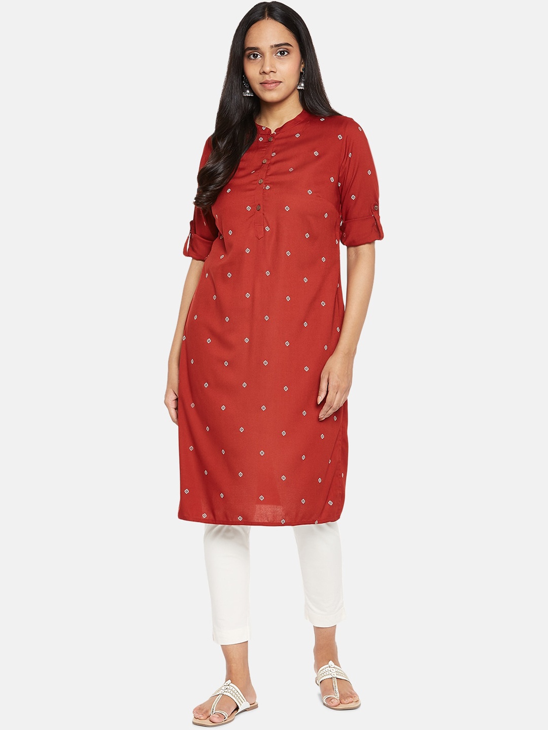 

RANGMANCH BY PANTALOONS Women Red & White Geometric Embroidered Kurta