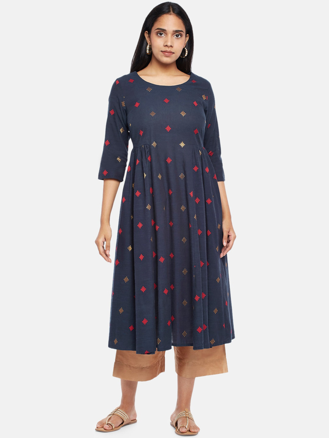 

RANGMANCH BY PANTALOONS Women Blue & Red Geometric Printed Dobby Anarkali Kurta