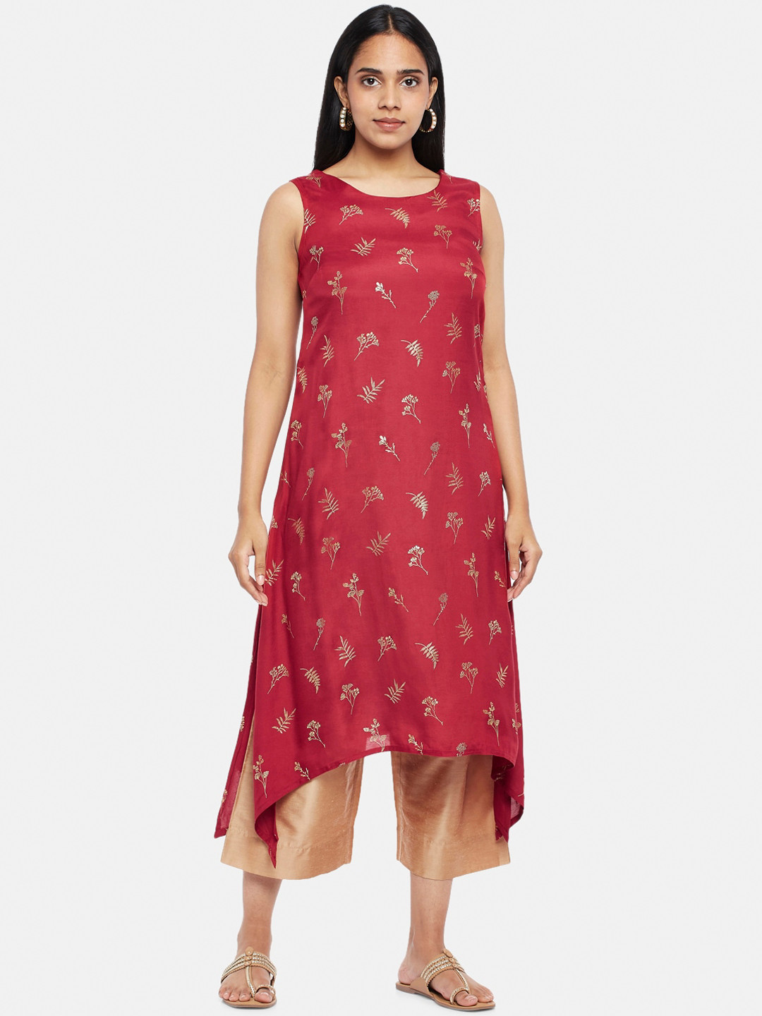 

RANGMANCH BY PANTALOONS Women Maroon & Gold-Toned Ethnic Motifs Printed Kurta