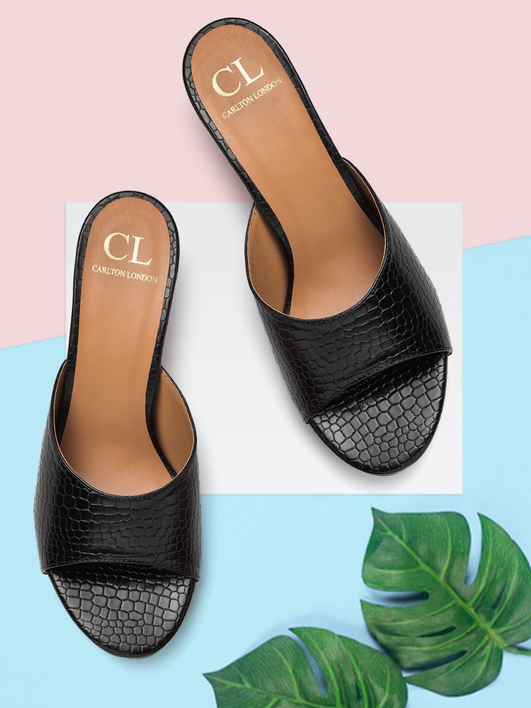 

Carlton London Women Black Croc Textured Kitten Heels