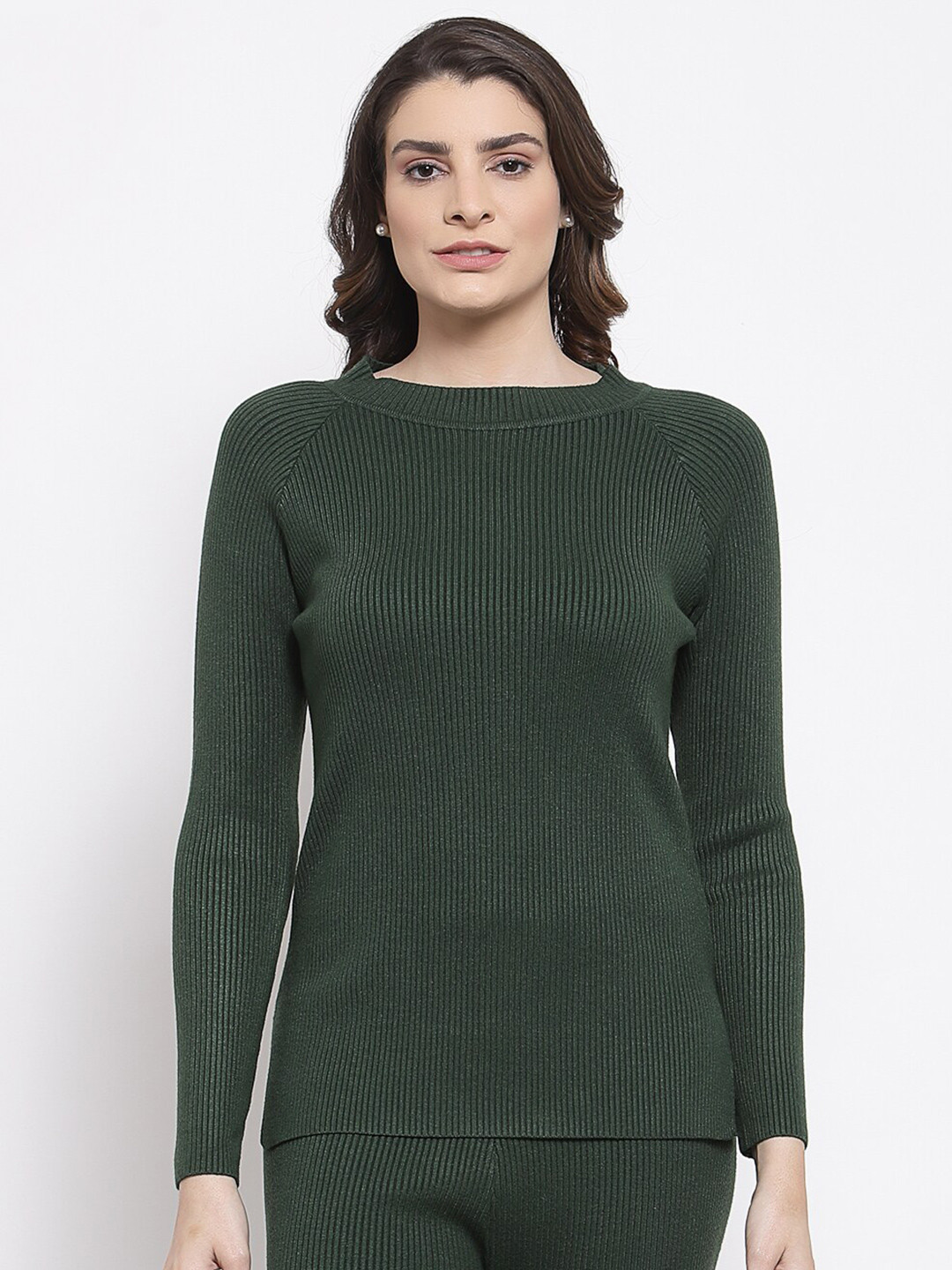 

Mafadeny Women Green Ribbed Sweater