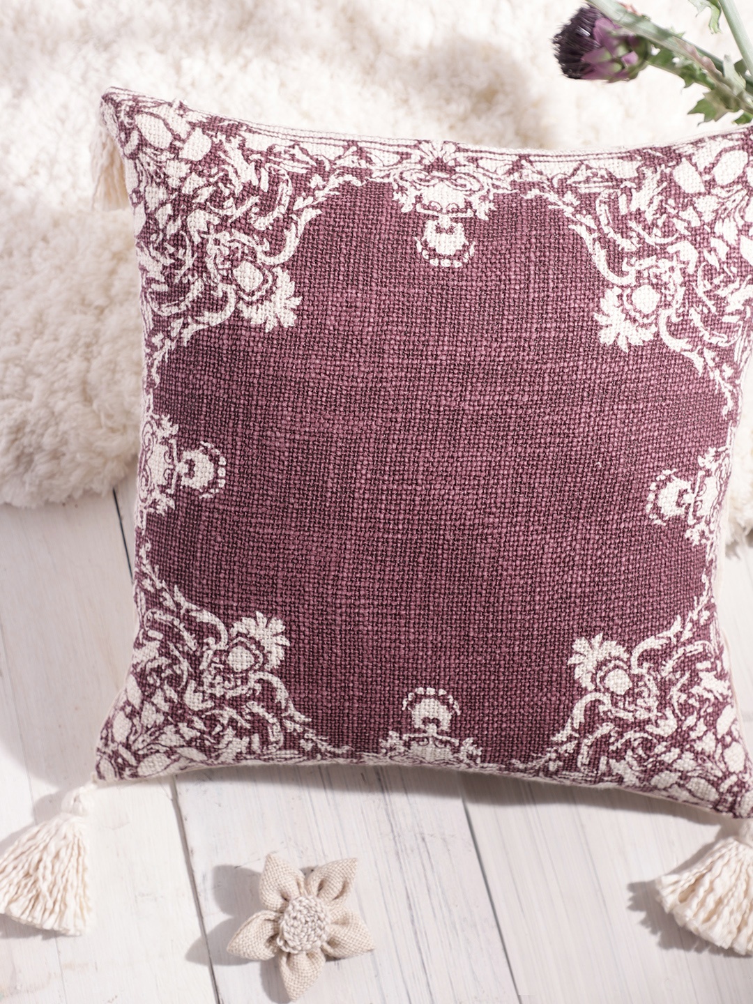 

House of Pataudi Rozana Mauve & Off White Ethnic Motifs Cotton Square Cushion Cover