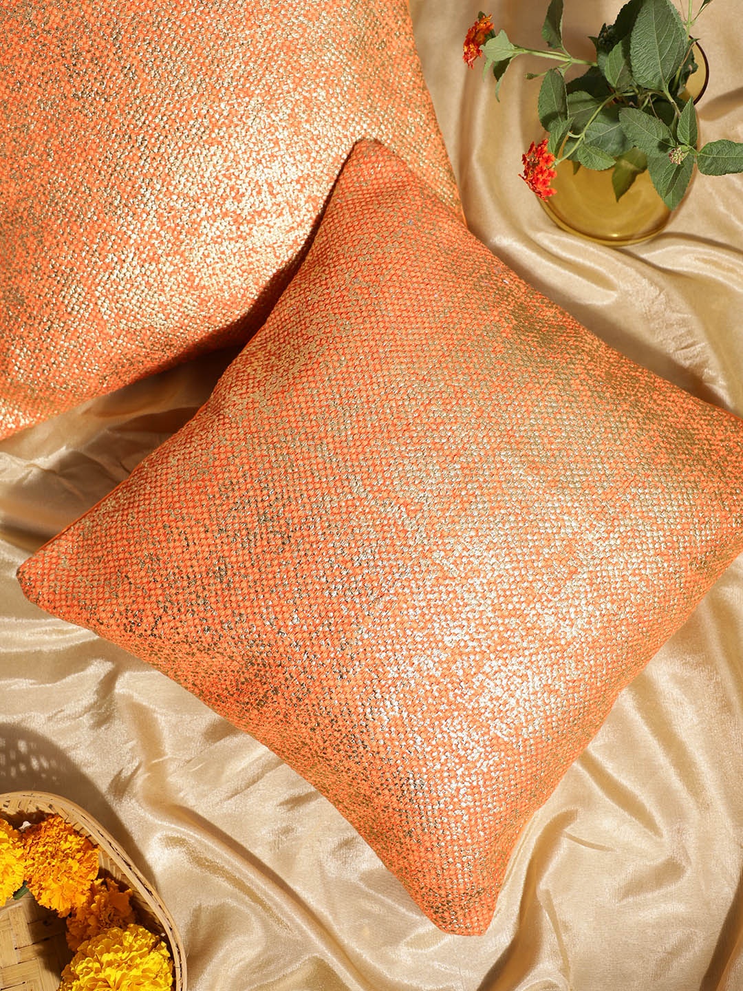

House of Pataudi Pack of 2 Jashn Orange Embellished Square Cushion Covers