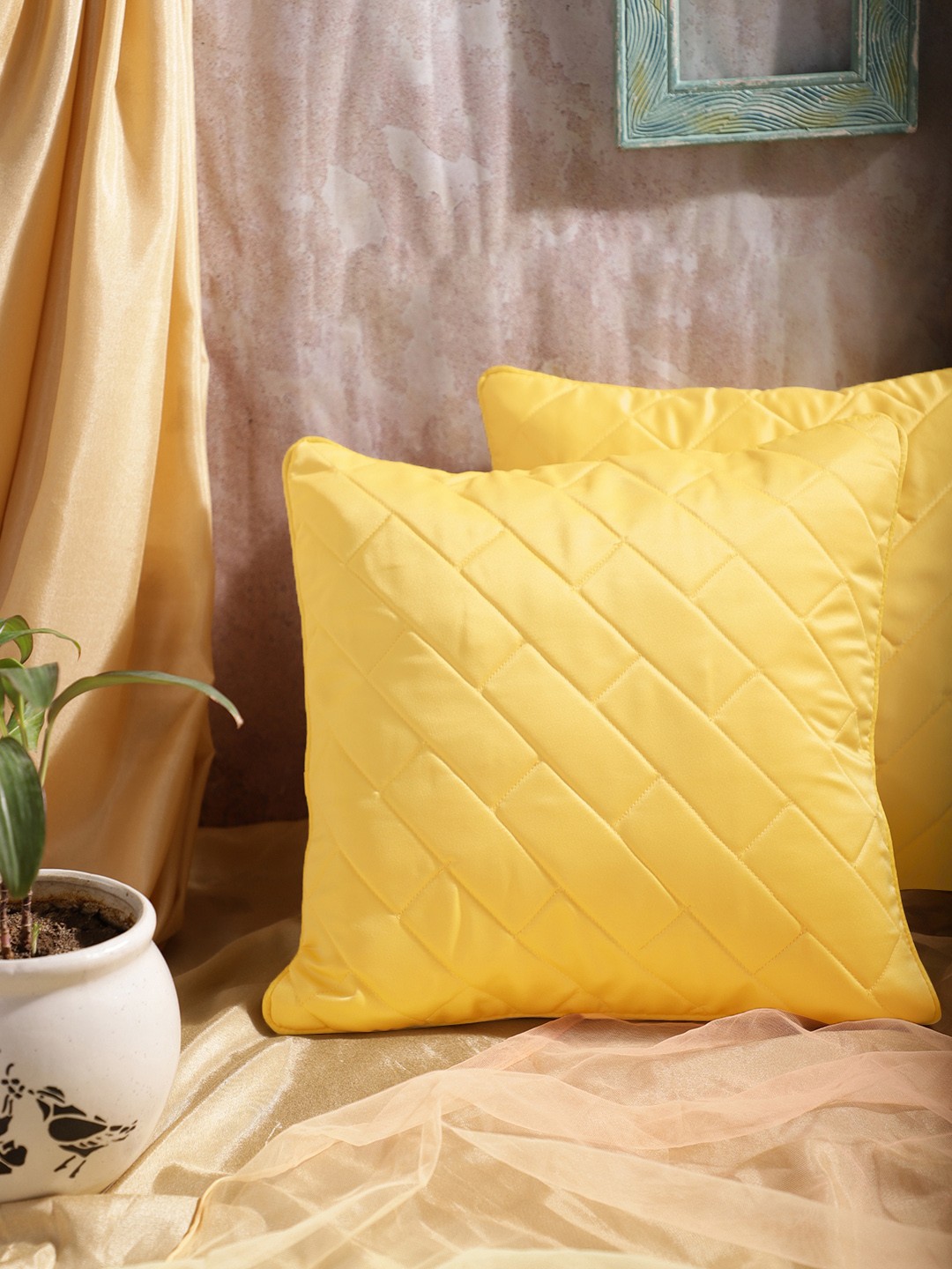 

House of Pataudi Set of 2 Yellow Self-Design Jashn Square Cushion Covers