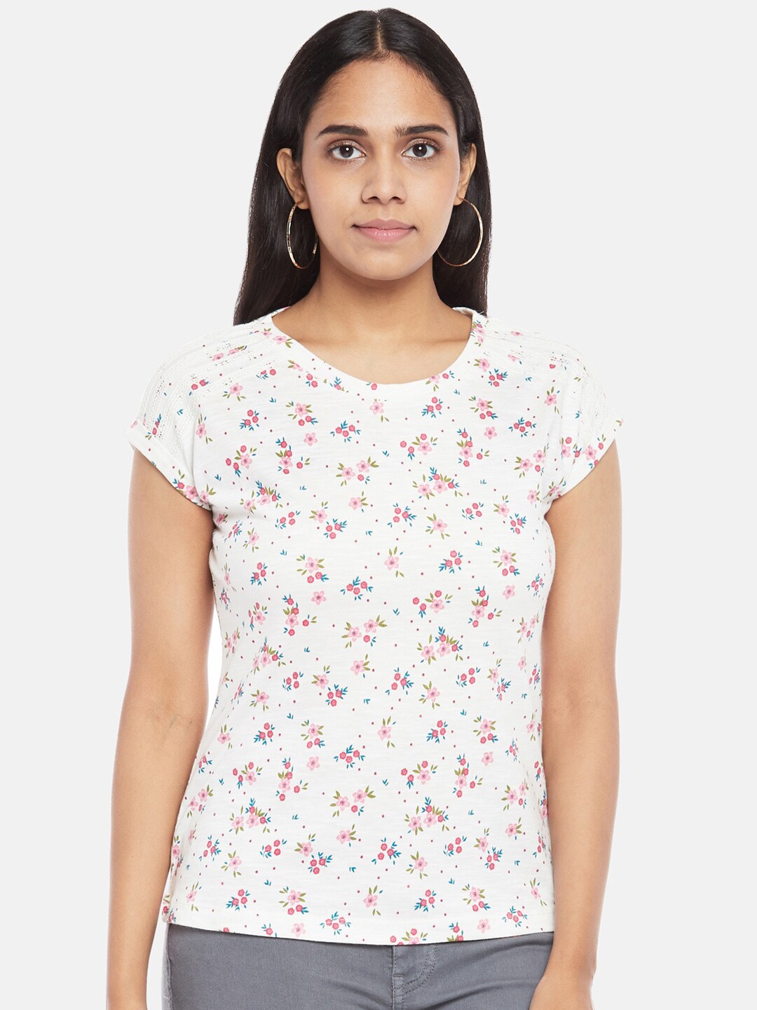 

Honey by Pantaloons Off White & Pink Floral Printed Pure Cotton Top