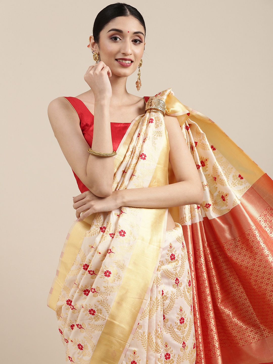 

SHAVYA Gold-Toned & Red Woven Design Zari Pure Silk Saree