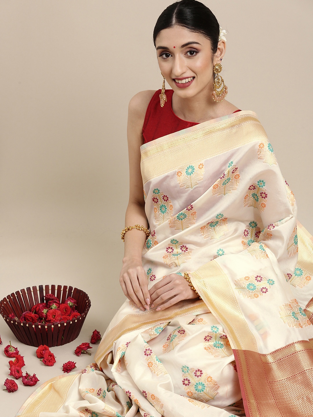 

SHAVYA Gold-Toned & Red Woven Design Zari Pure Silk Saree