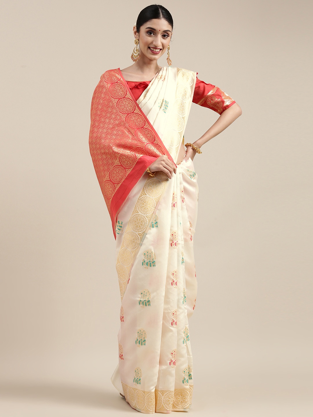 

SHAVYA Gold-Toned & Red Ethnic Motifs Zari Pure Silk Saree