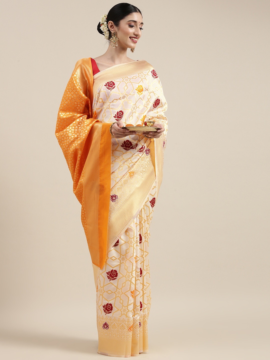 

SHAVYA Gold-Toned & Mustard Woven Design Zari Pure Silk Saree