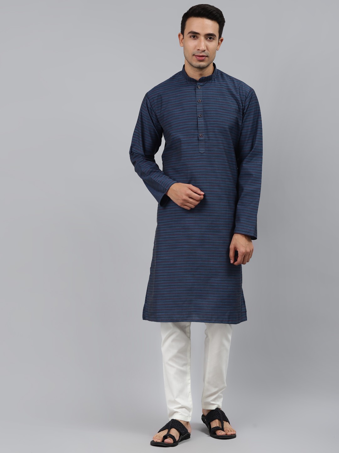 

MANQ Men Blue Striped Regular Kurta with Pyjamas