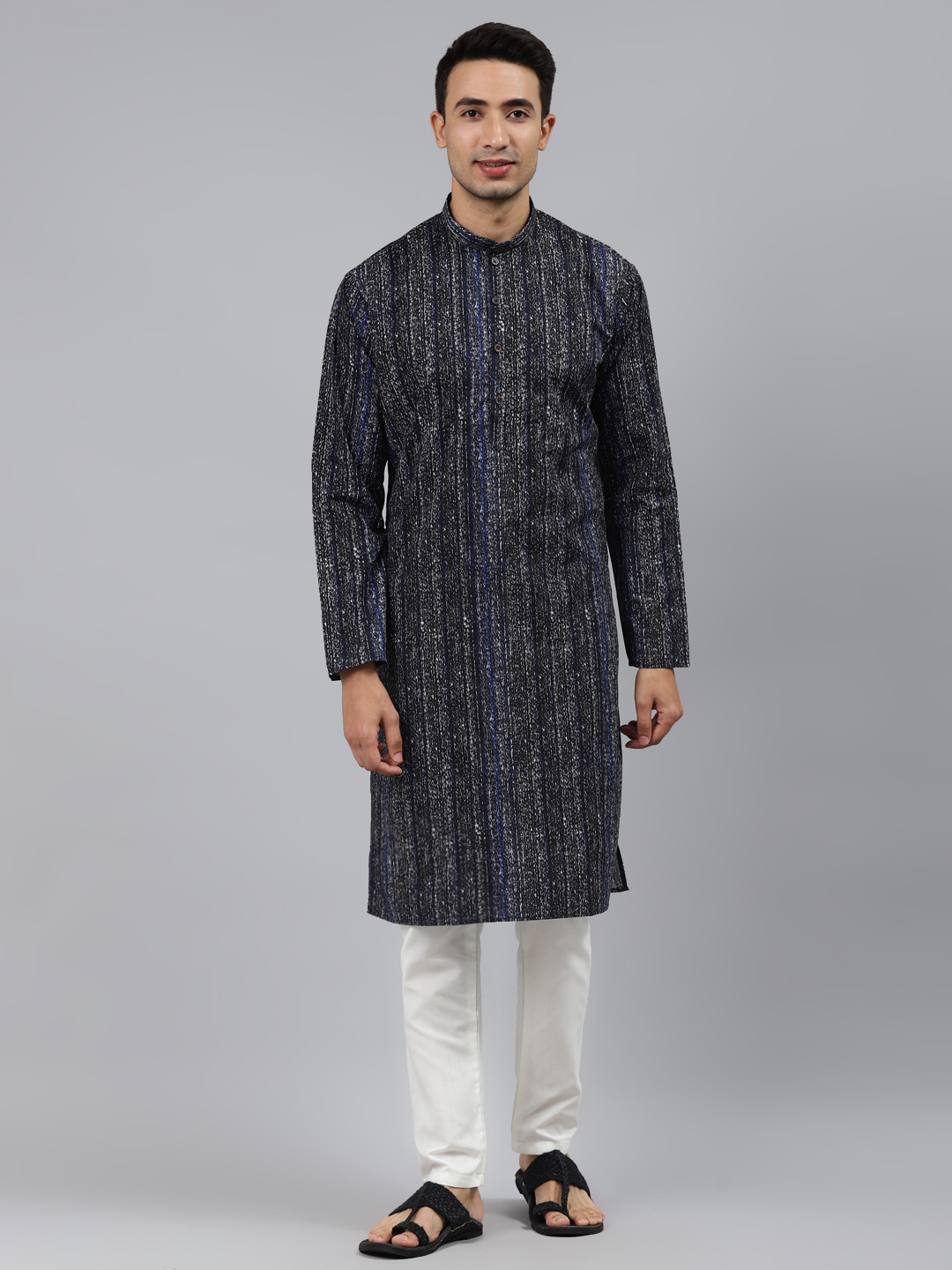 

MANQ Men Navy Blue Printed Regular Pure Cotton Kurta with Pyjamas