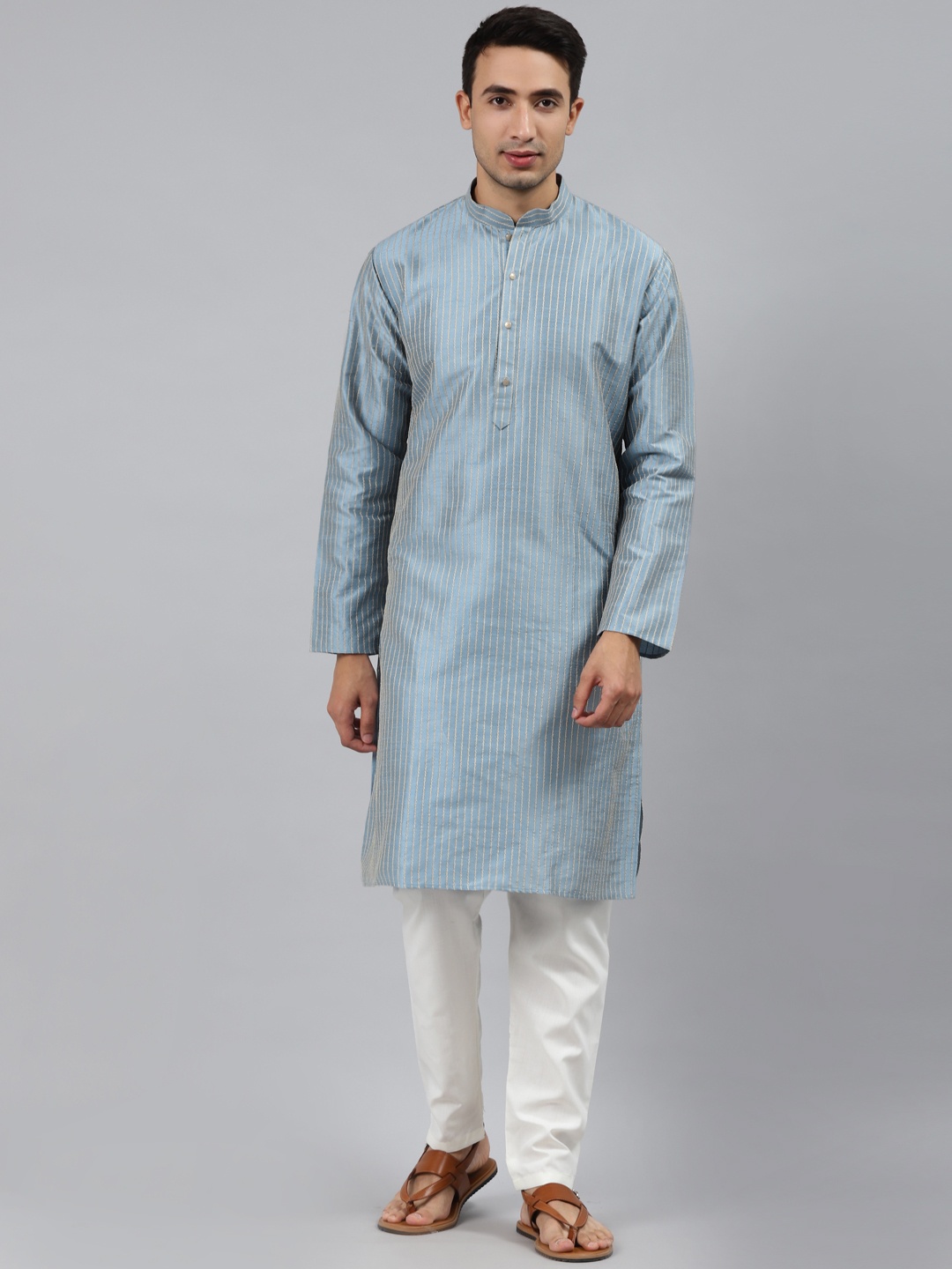 

MANQ Men Blue Striped Regular Kurta with Pyjamas