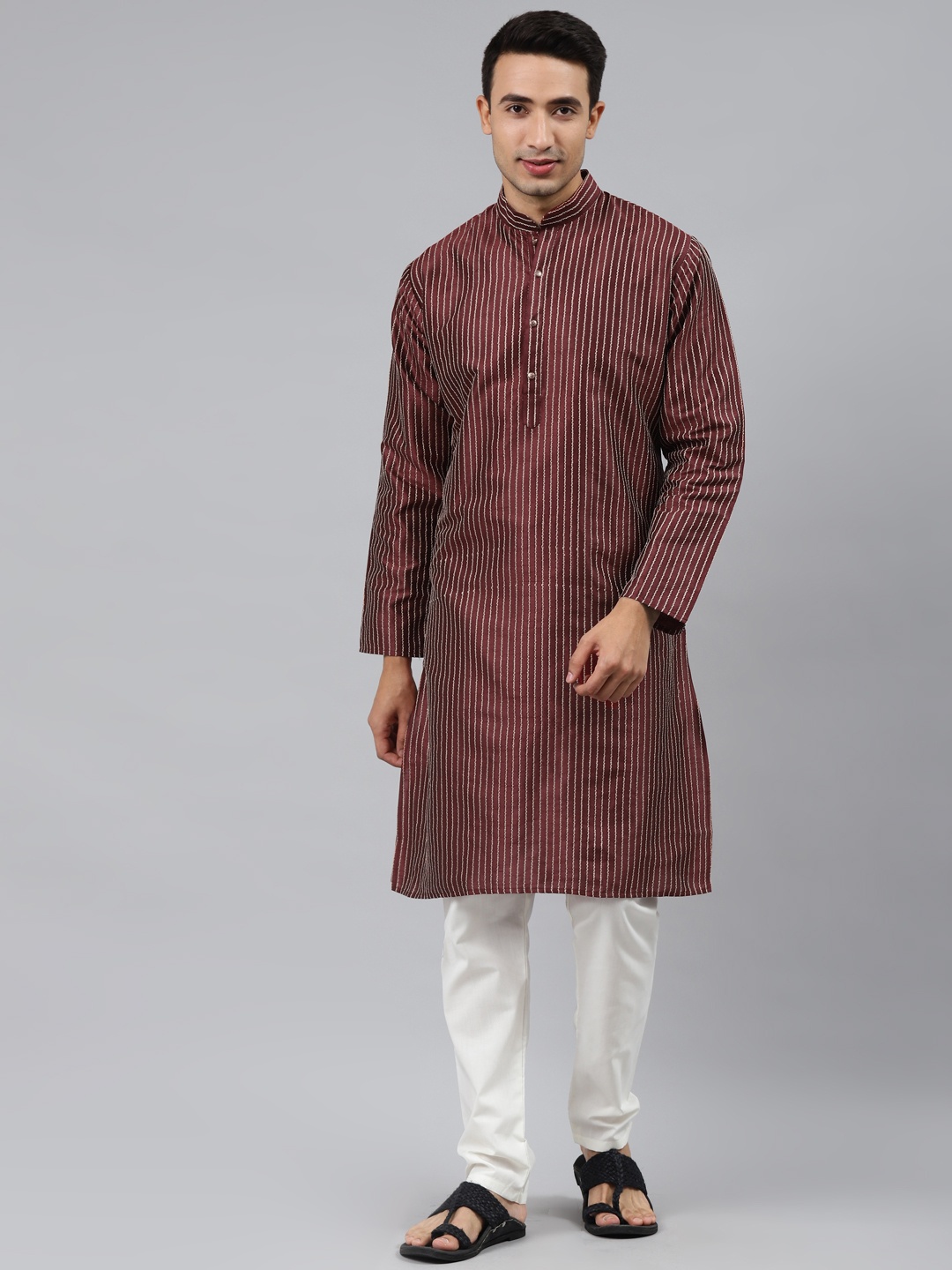 

MANQ Men Maroon Striped Regular Kurta with Pyjamas