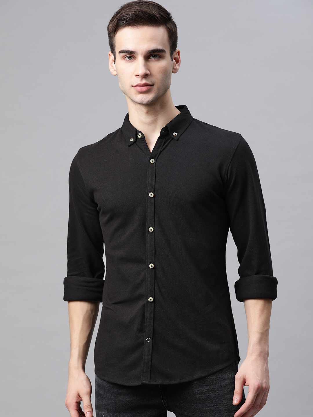 

ManQ CASUAL Men Black Slim Fit Solid Cotton Casual Shirt