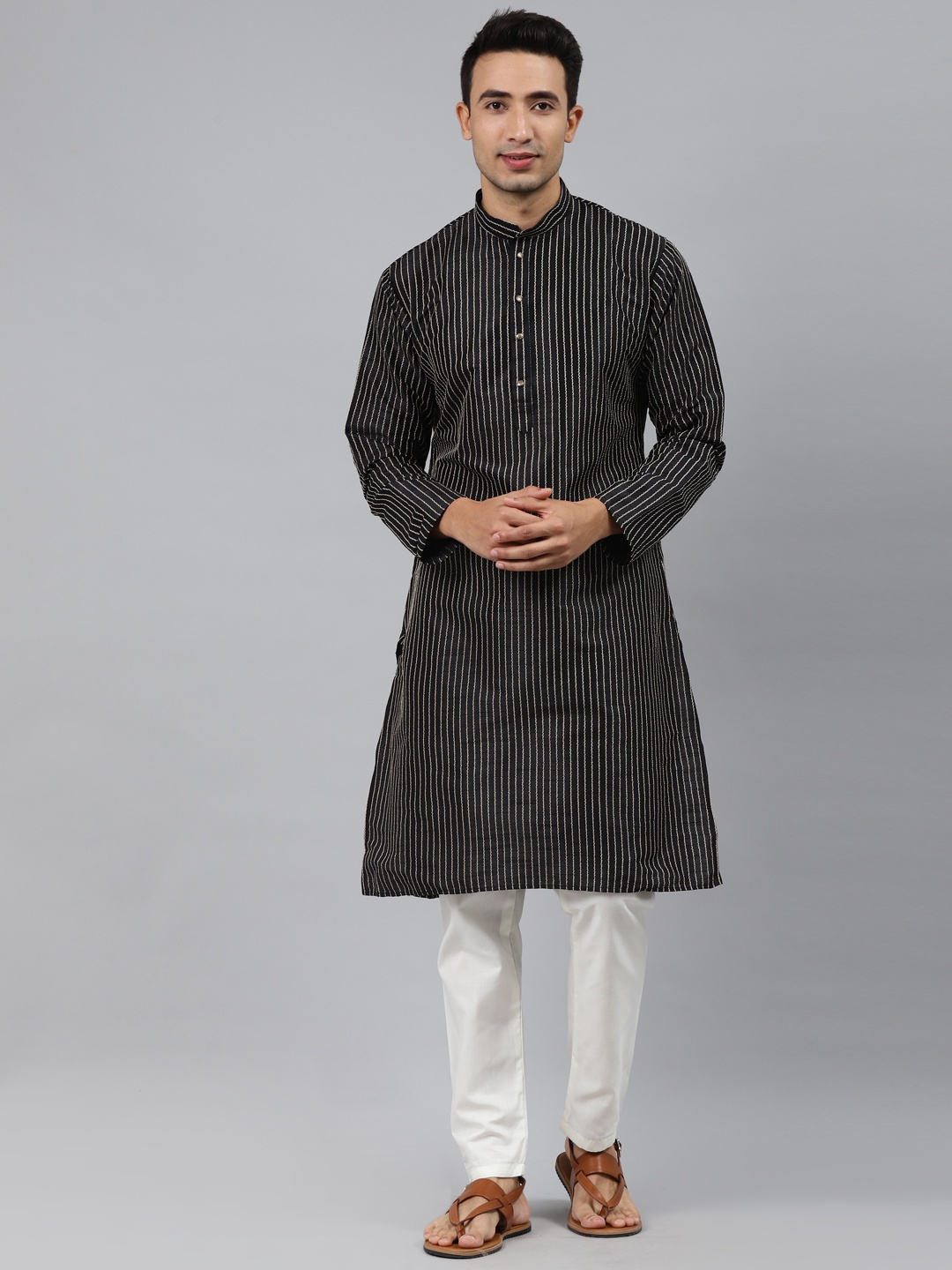 

MANQ Men Black Striped Regular Kurta with Pyjamas