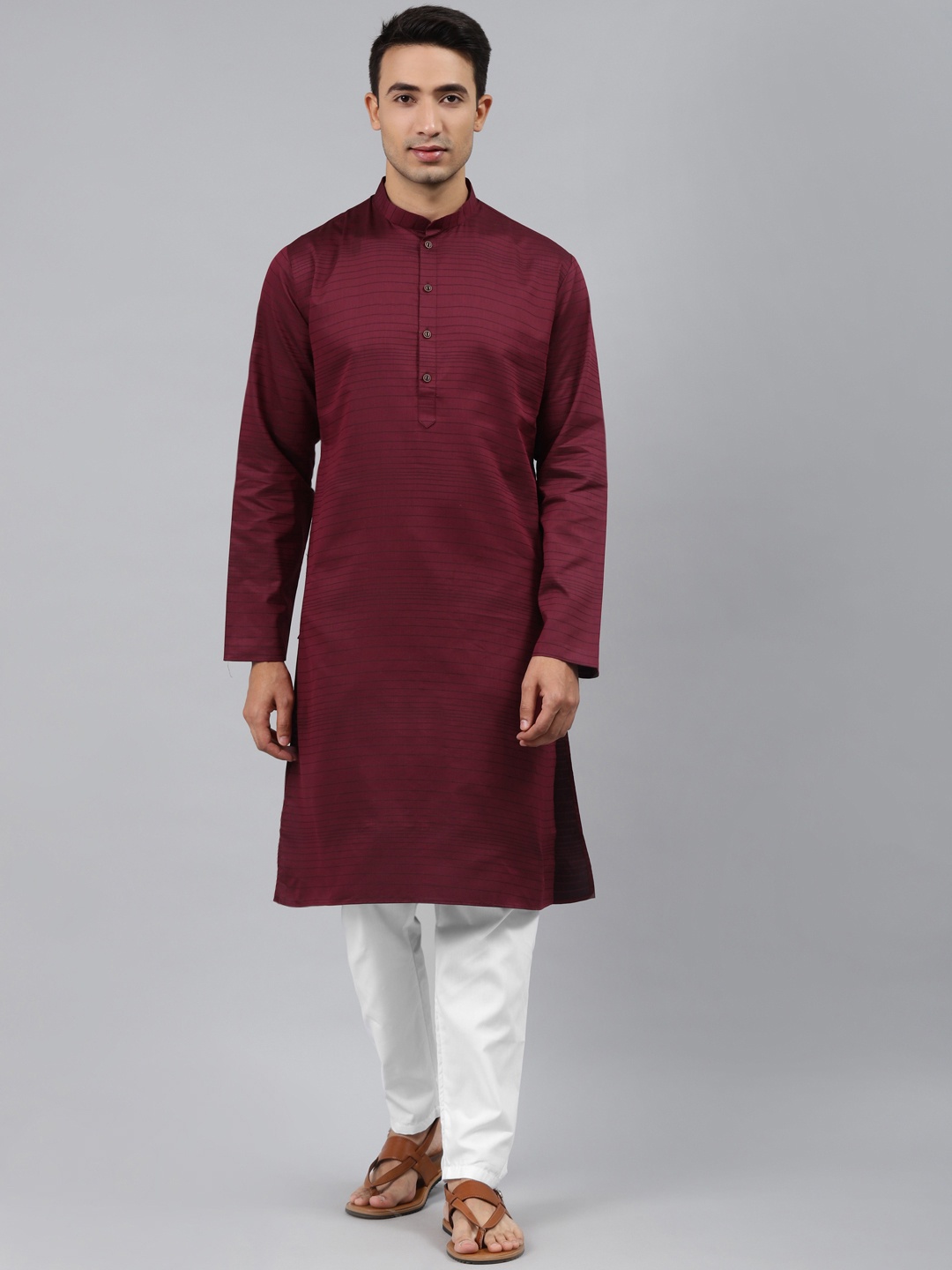 

MANQ Men Maroon Striped Regular Kurta with Pyjamas
