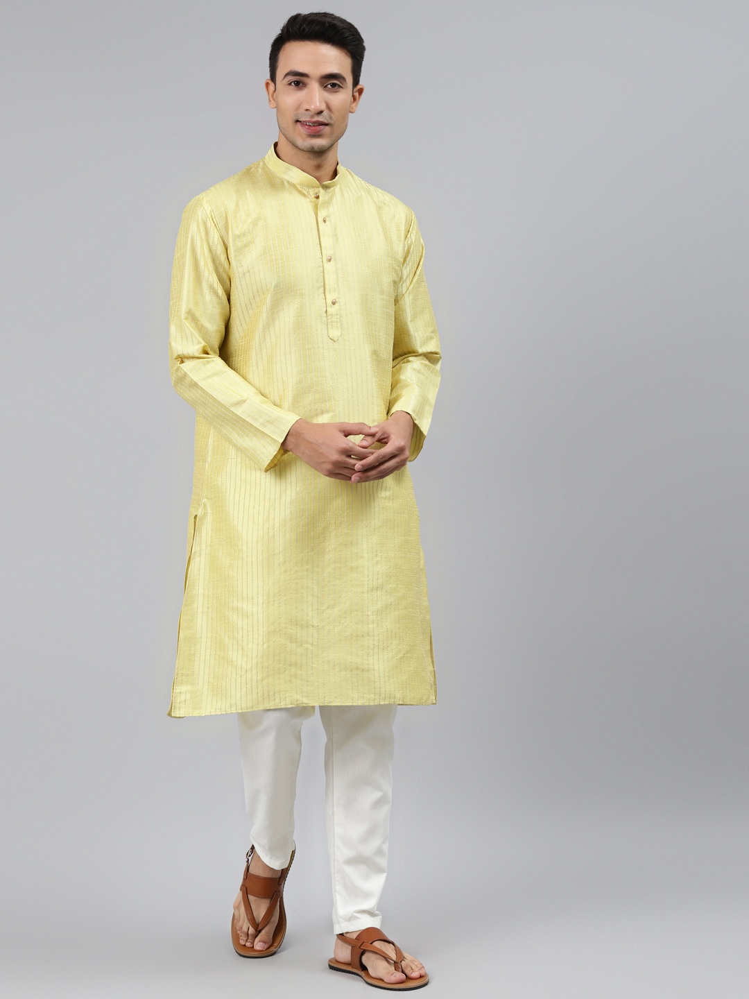 

MANQ Men Green Striped Regular Kurta with Pyjamas