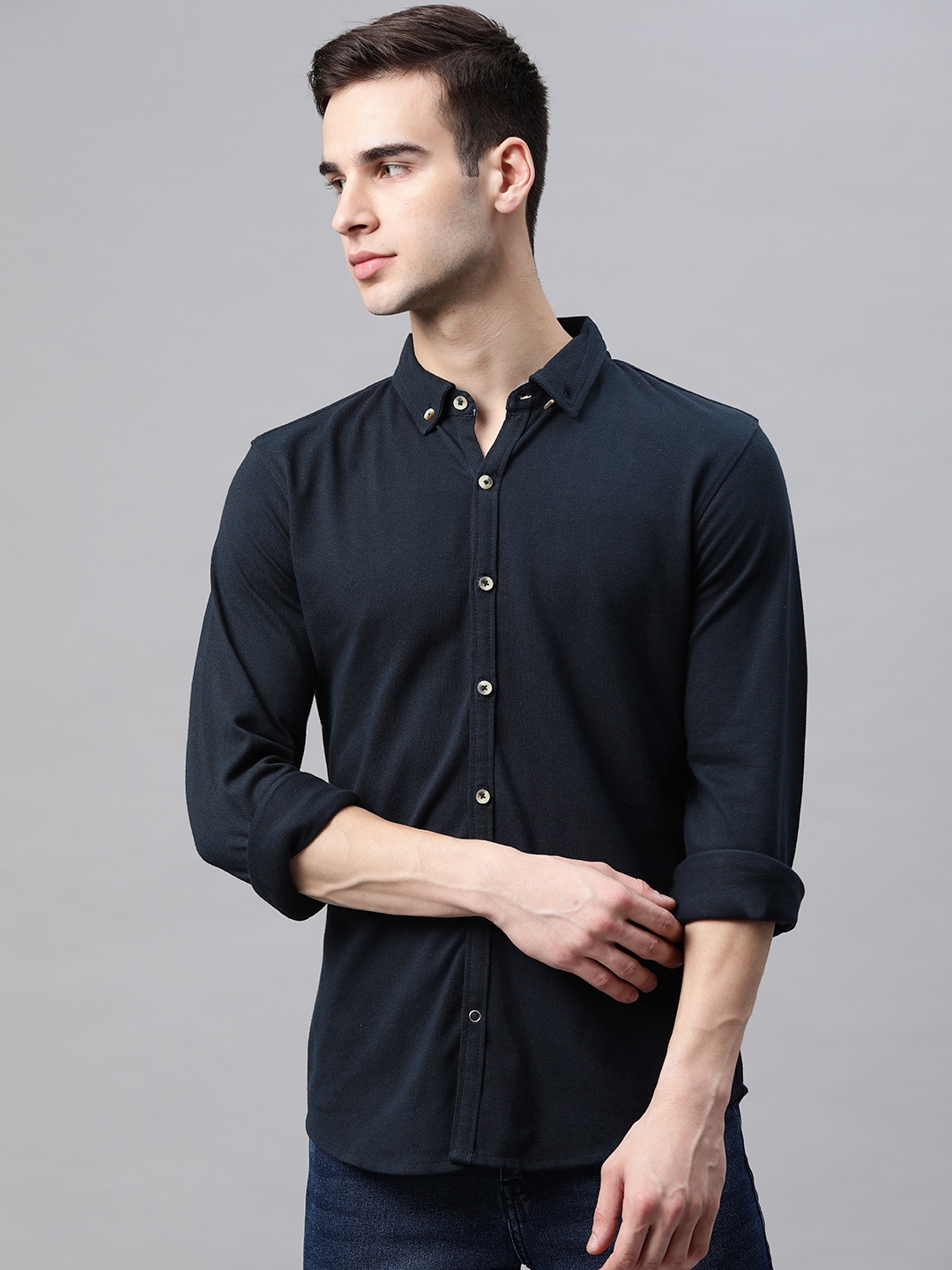 

ManQ CASUAL Men Navy Blue Solid Slim Fit Cotton Casual Shirt