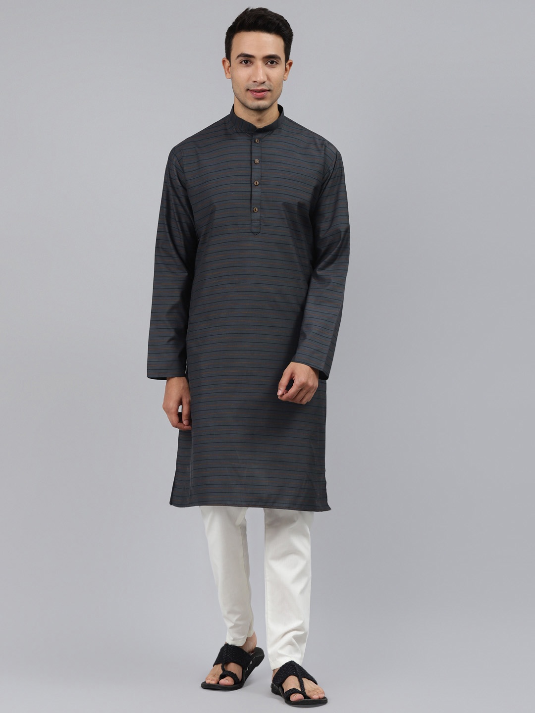 

MANQ Men Grey Striped Regular Kurta with Pyjamas