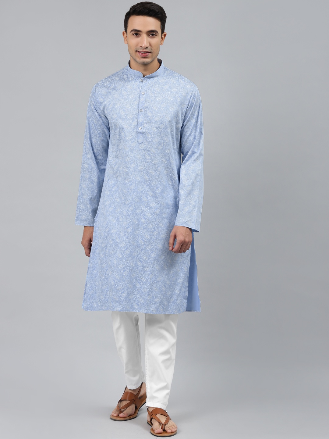 

MANQ Men Blue Paisley Printed Regular Pure Cotton Kurta with Pyjamas