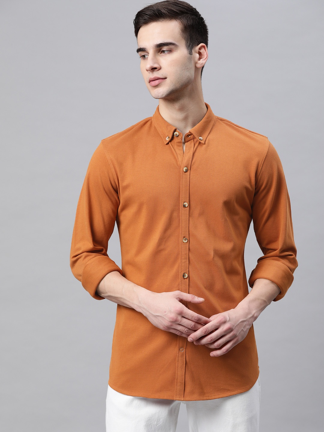 

ManQ CASUAL Men Orange Solid Slim Fit Cotton Casual Shirt