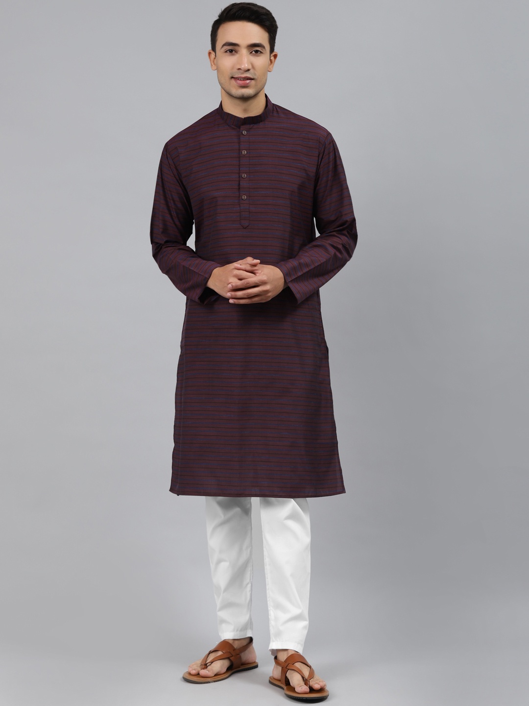 

MANQ Men Maroon Striped Regular Kurta with Pyjamas