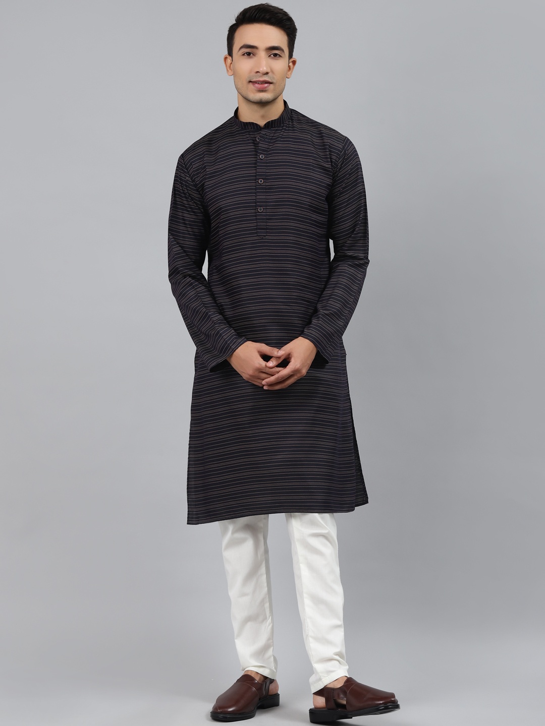 

MANQ Men Navy Blue Striped Regular Kurta with Pyjamas