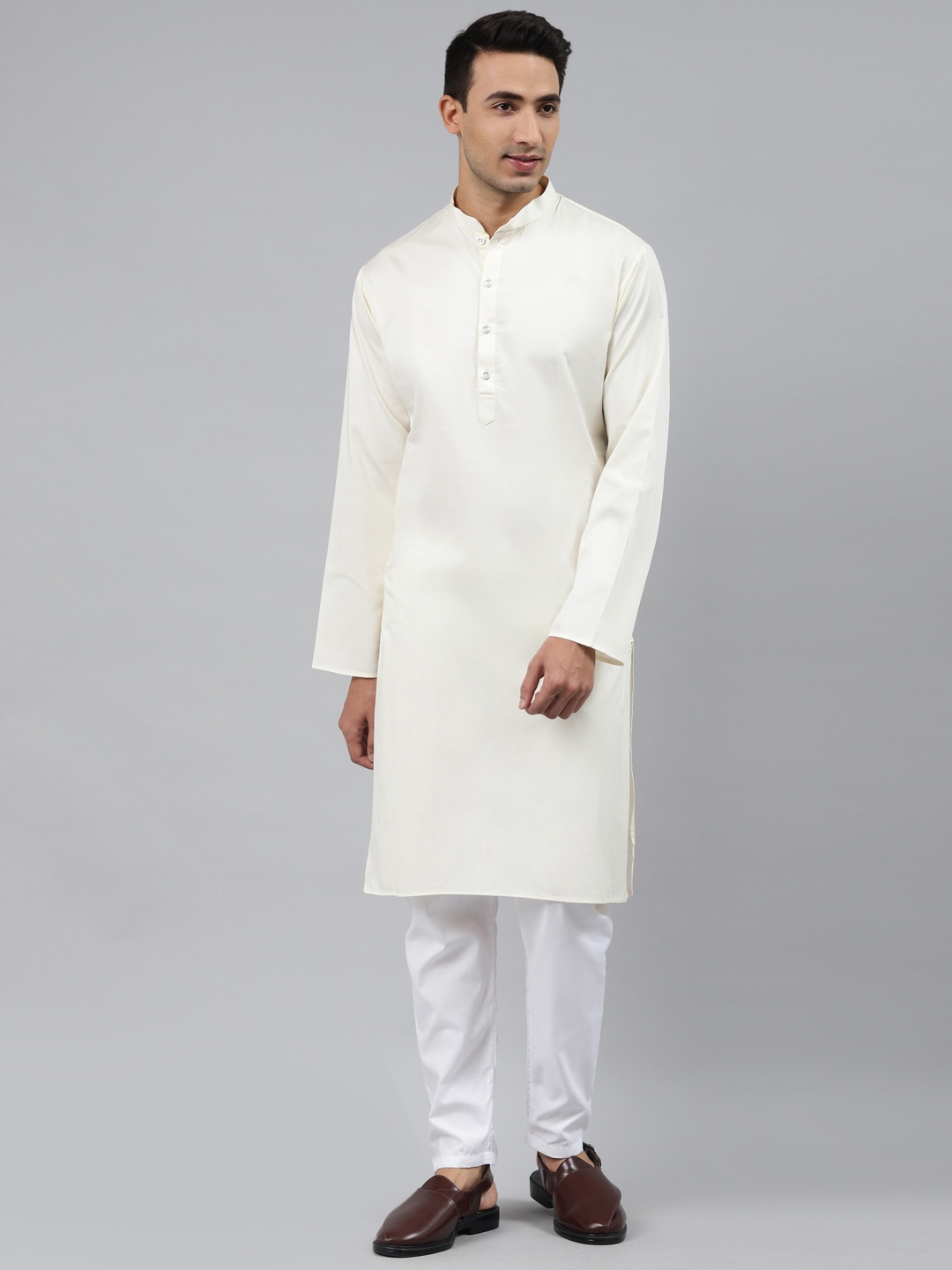 

MANQ Men Cream-Coloured Regular Pure Cotton Kurta with Pyjamas