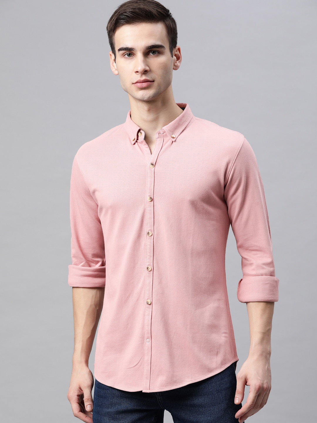 

ManQ CASUAL Men Pink Solid Slim Fit Cotton Casual Shirt