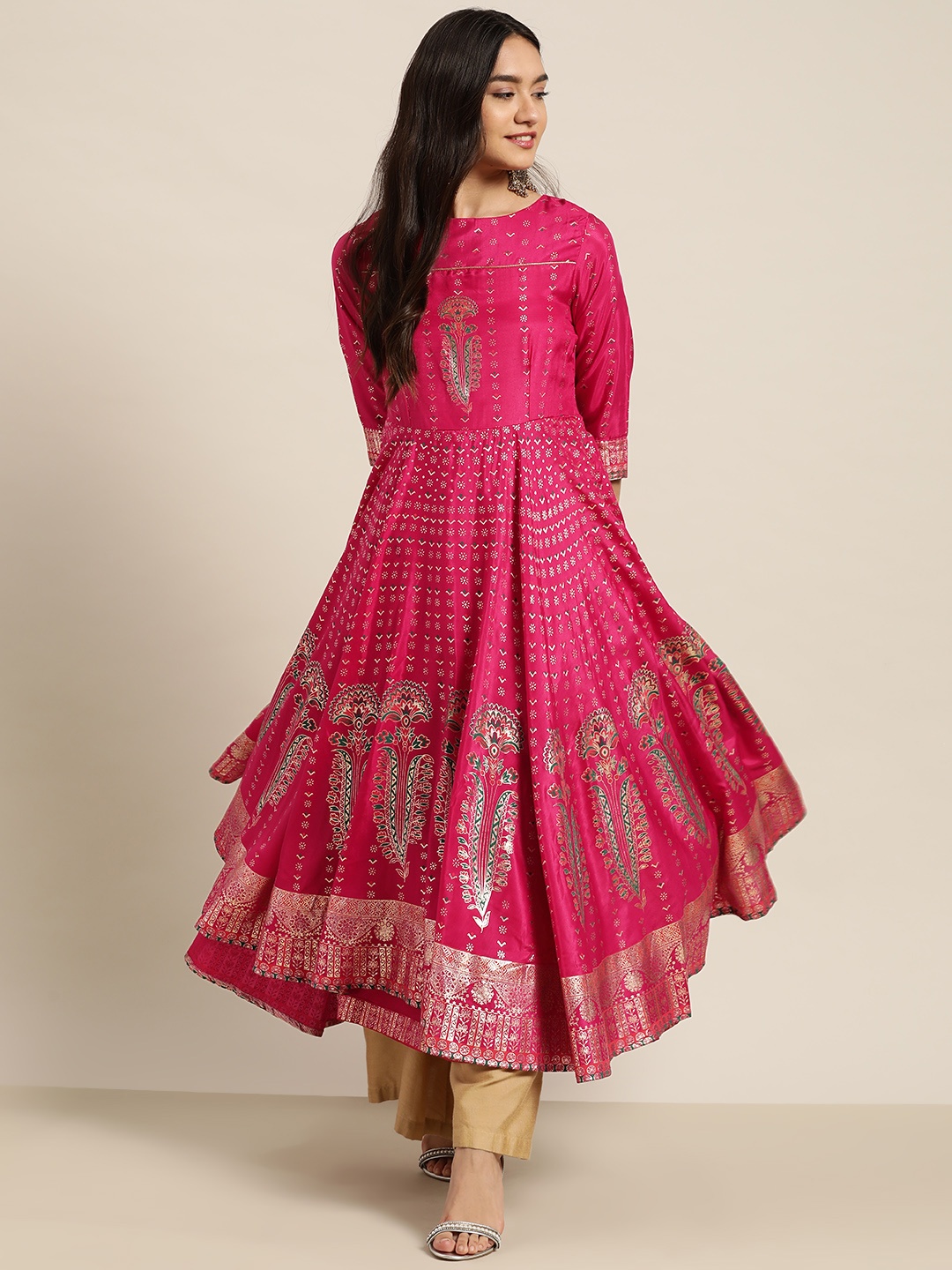 

Juniper Women Fuchsia & Gold-Toned Foil Print Anarkali Kurta