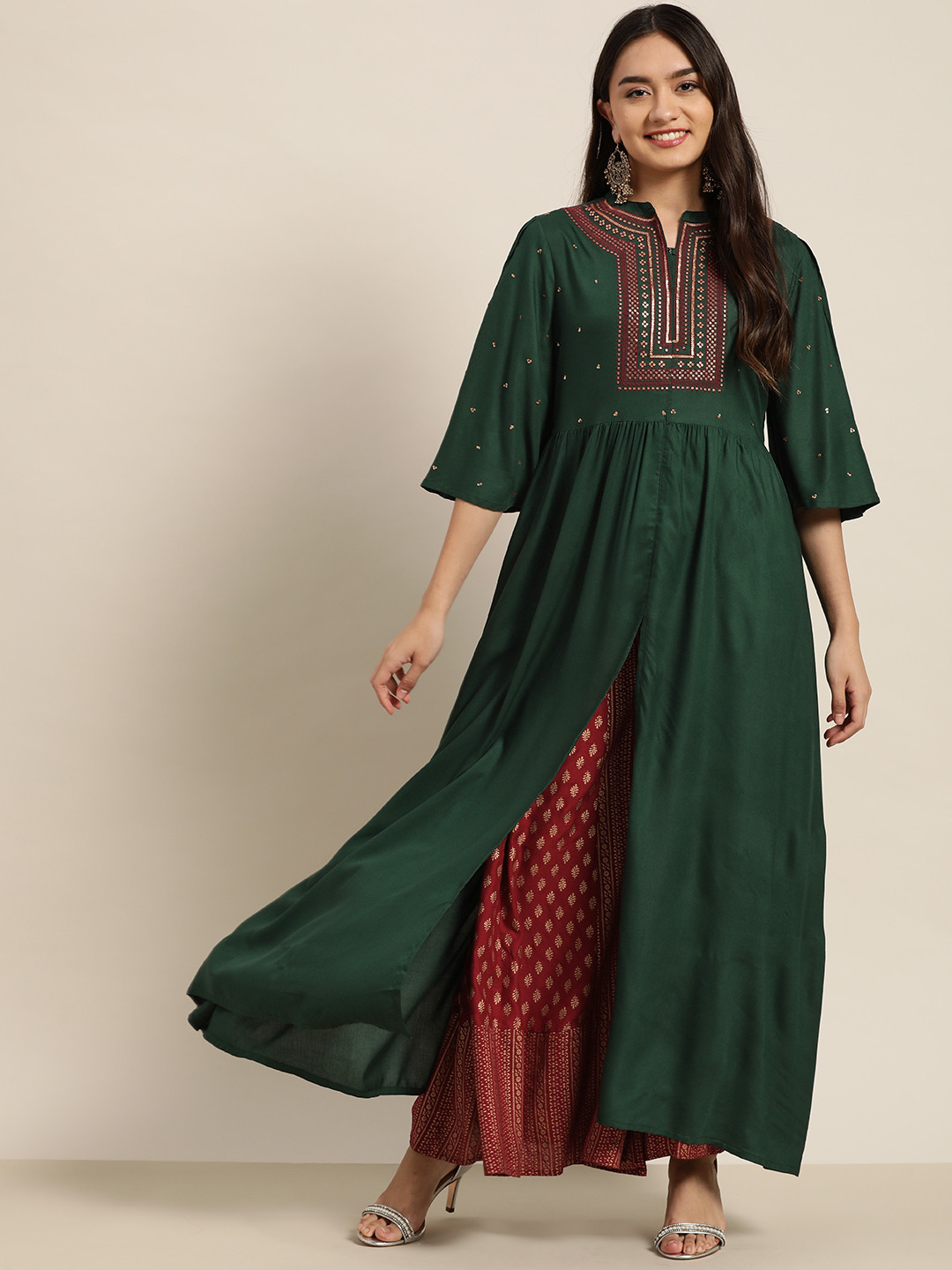 

Juniper Women Green & Maroon Sequinned Embroidered Kurta with Palazzos