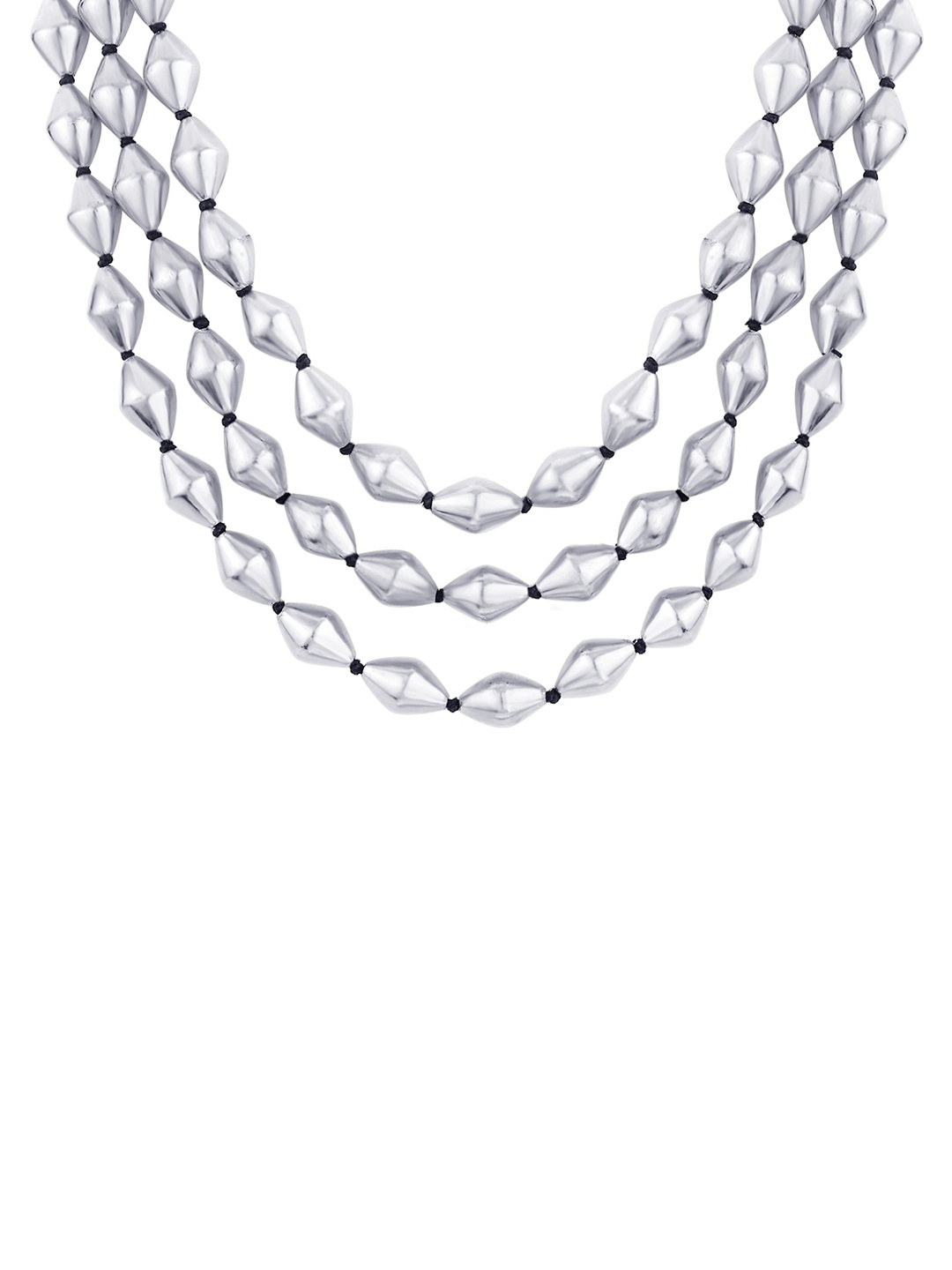 

ahilya Sterling Silver Triple Strand Dholki Bead Silver Necklace