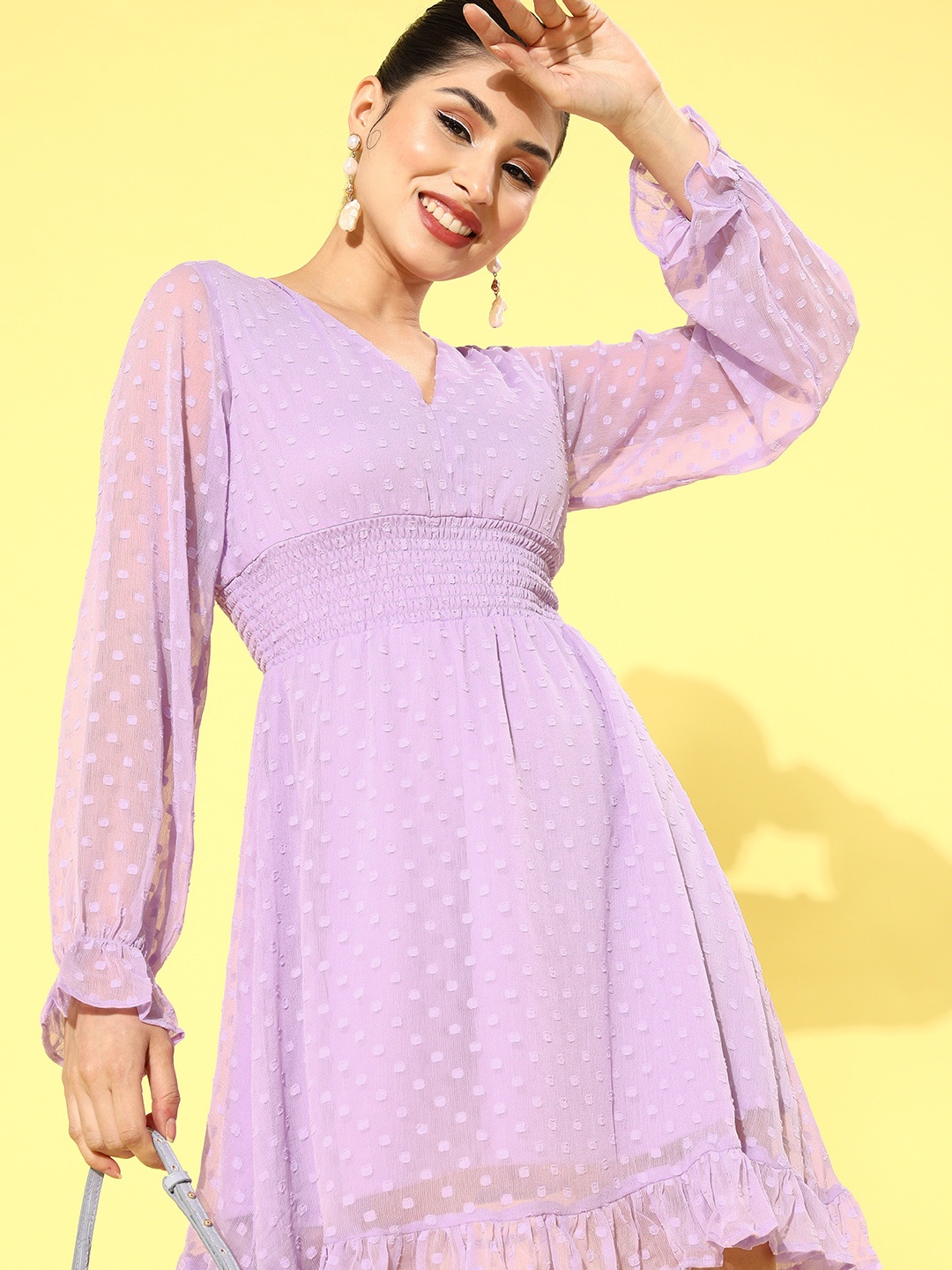 

plusS Women Elegant Lavender Self Design Smocked Dress