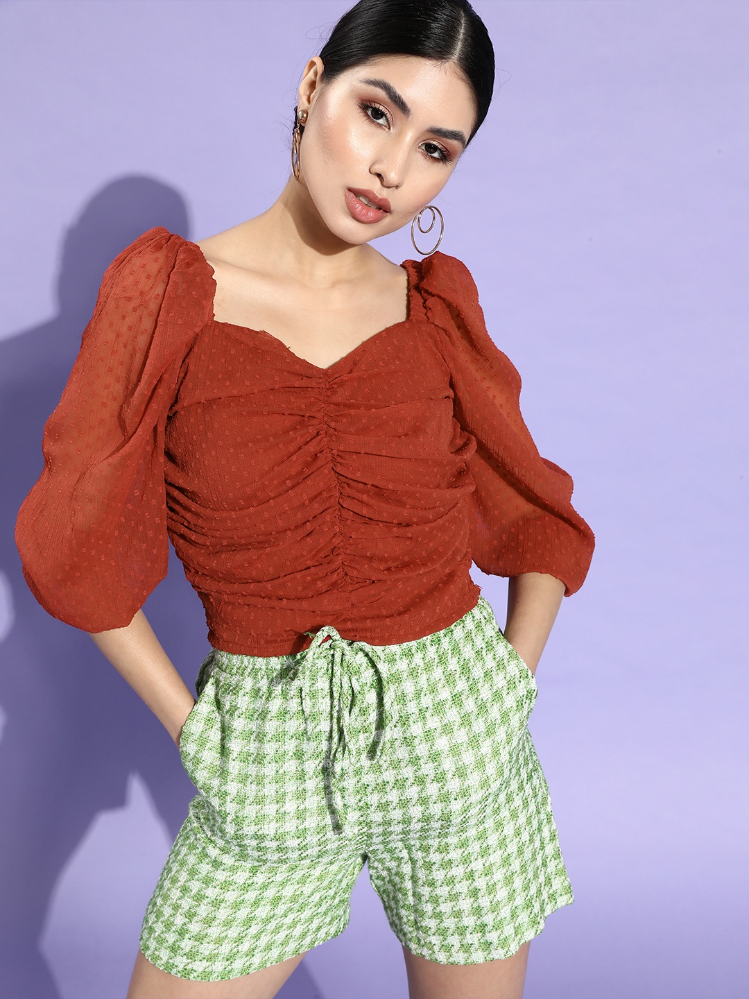 

plusS Women Rust Self -Design Ruched Top