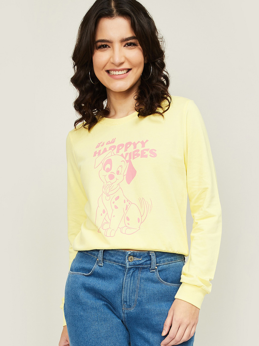 

Ginger by Lifestyle Women Yellow & Pink 101 Dalmatians Printed Cotton Sweatshirt