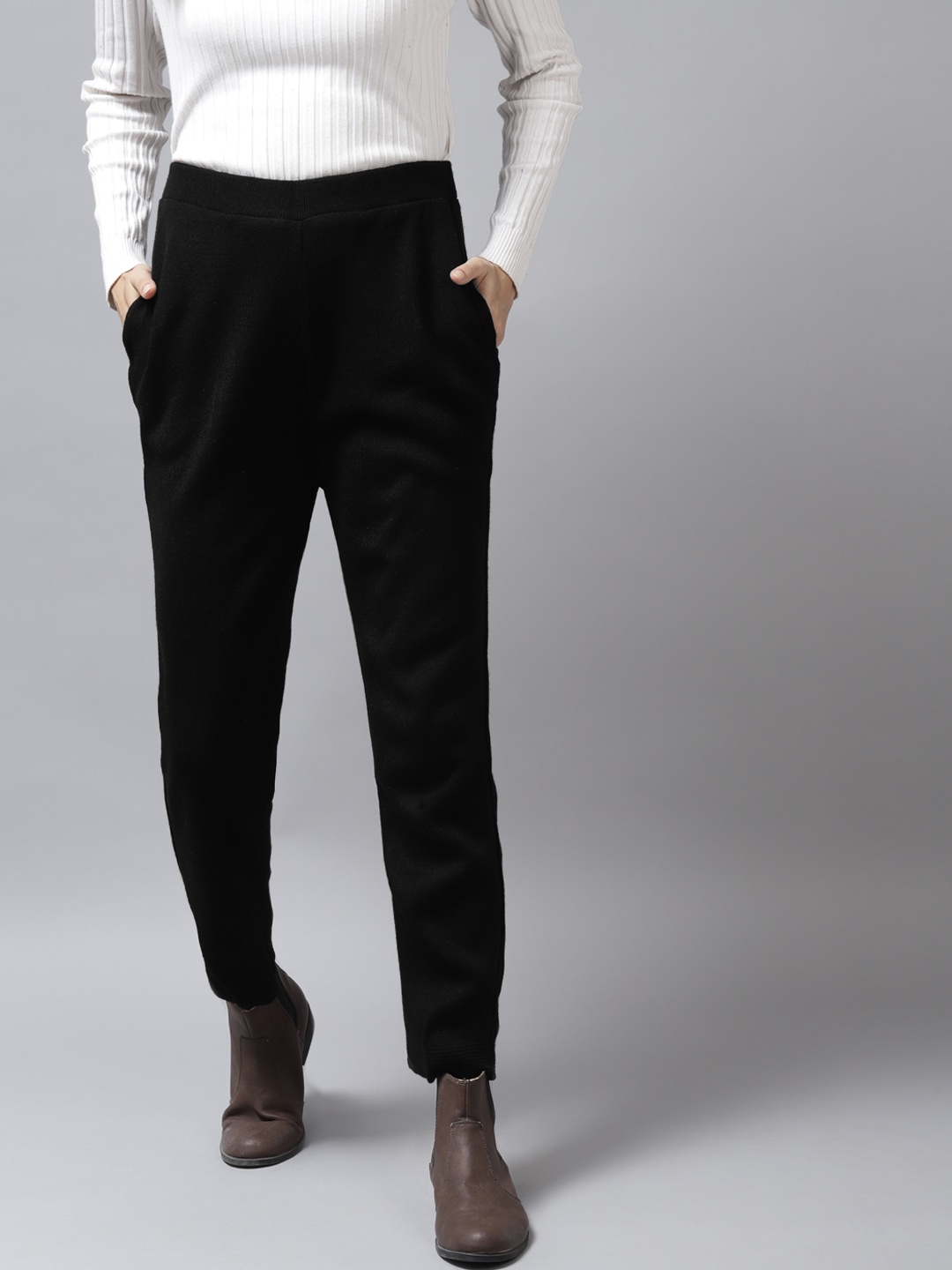 

Cayman Women Black Solid Woollen Trousers