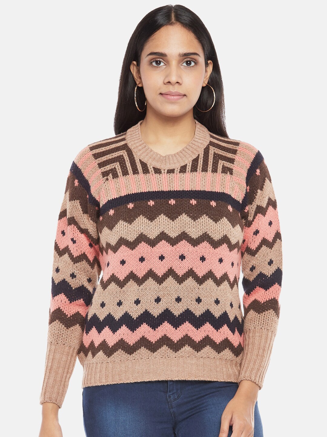 

People Women Peach-Coloured & Brown Acrylic Pullover