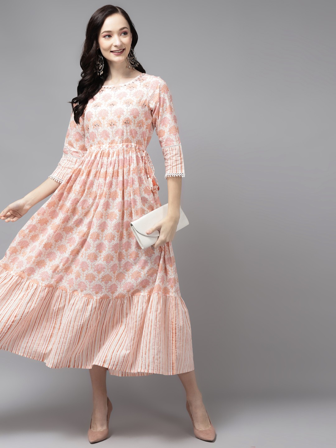 

Amirah s Peach-Coloured & Off White Floral Ethnic Maxi Dress
