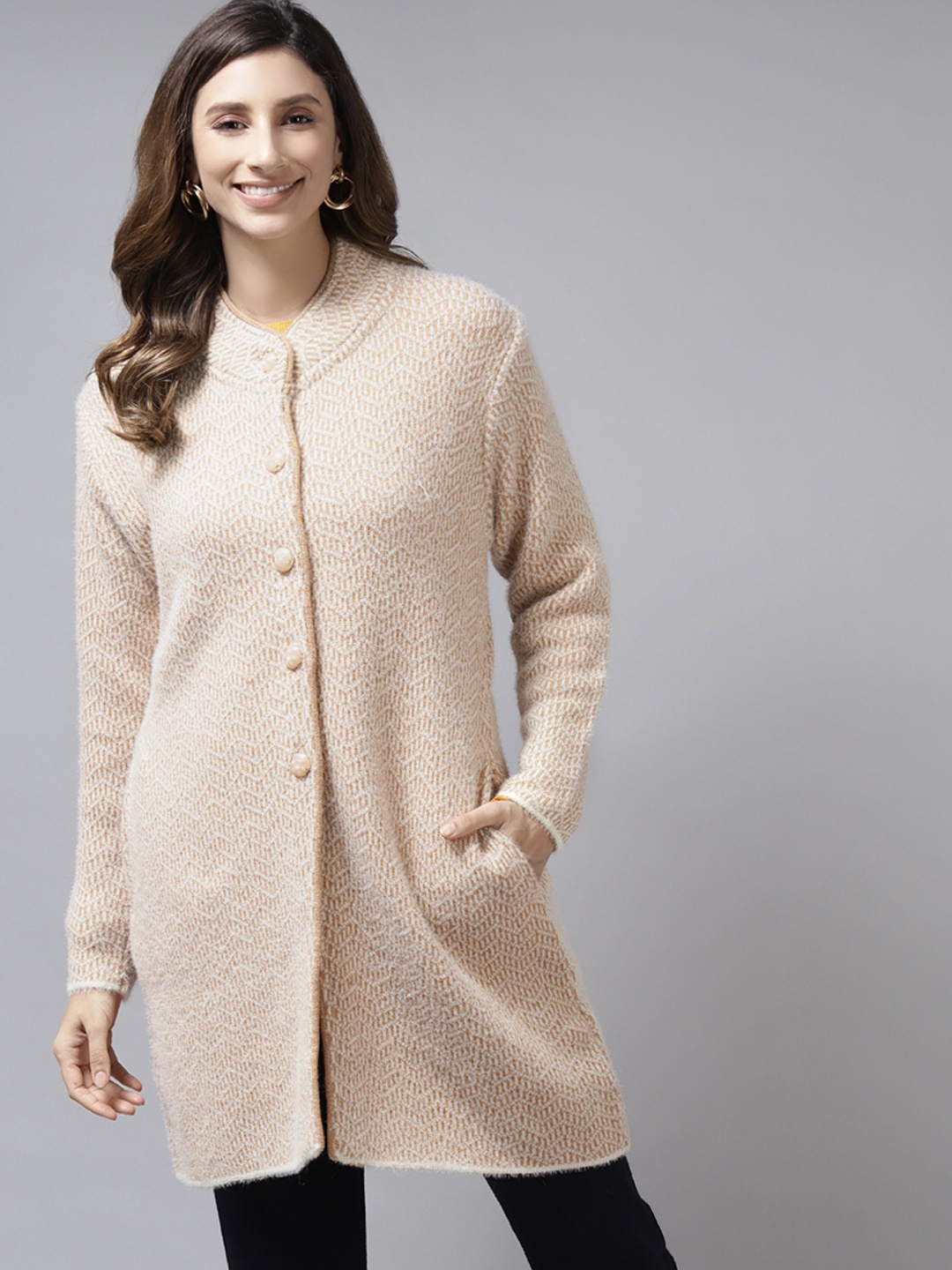 

Cayman Women Beige Chevron Patterned Longline Woollen Cardigan