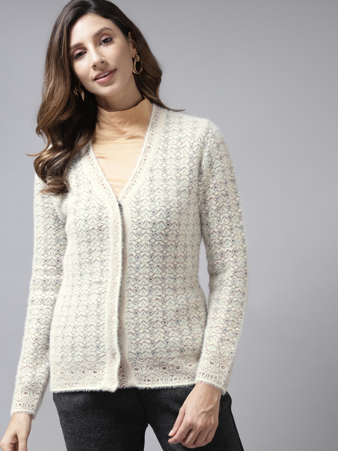 

Cayman Women Off White & Brown Self-Design Woollen Cardigan with Fuzzy Detail