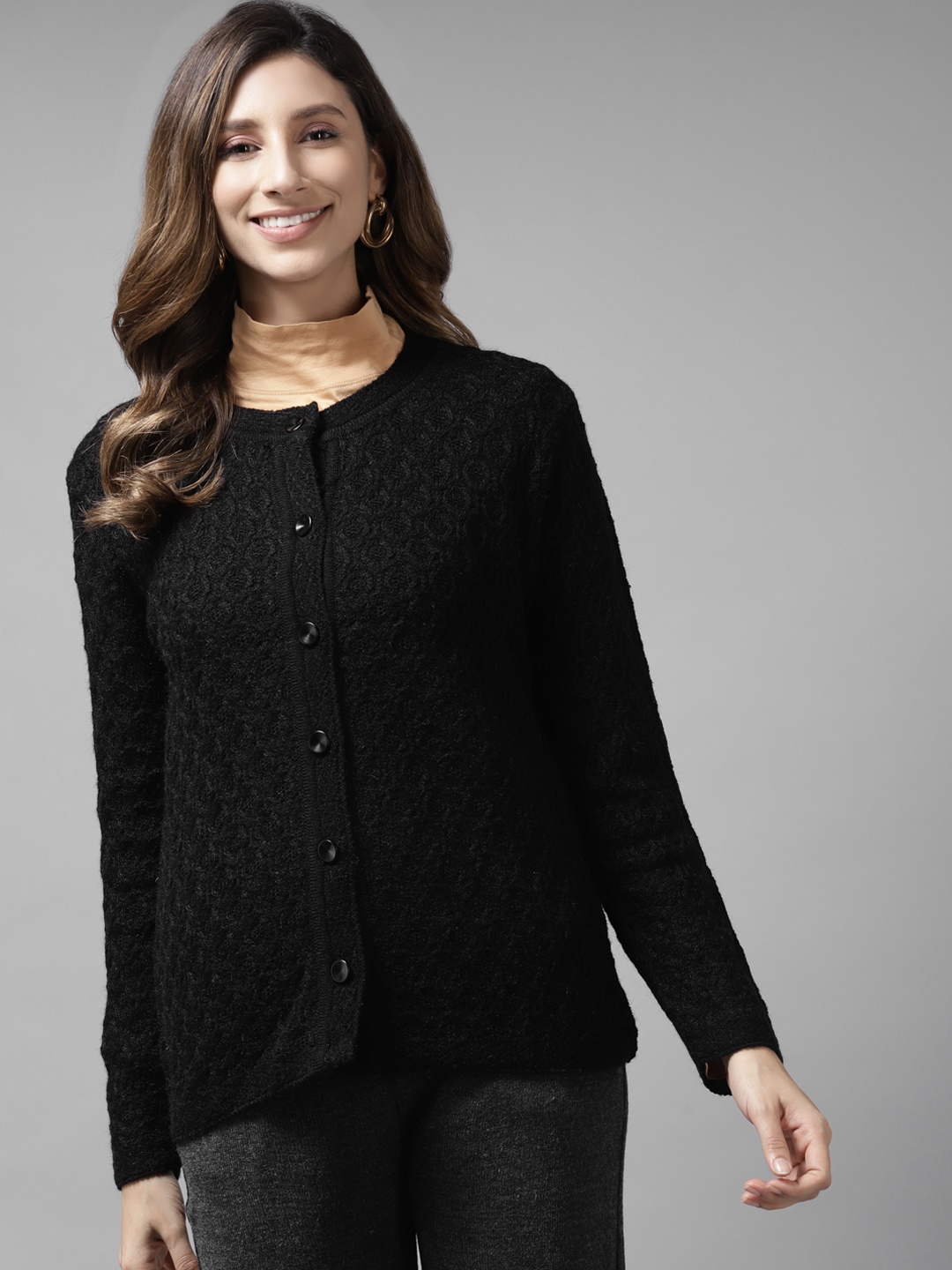 

Cayman Women Black Self-Design Woollen Cardigan