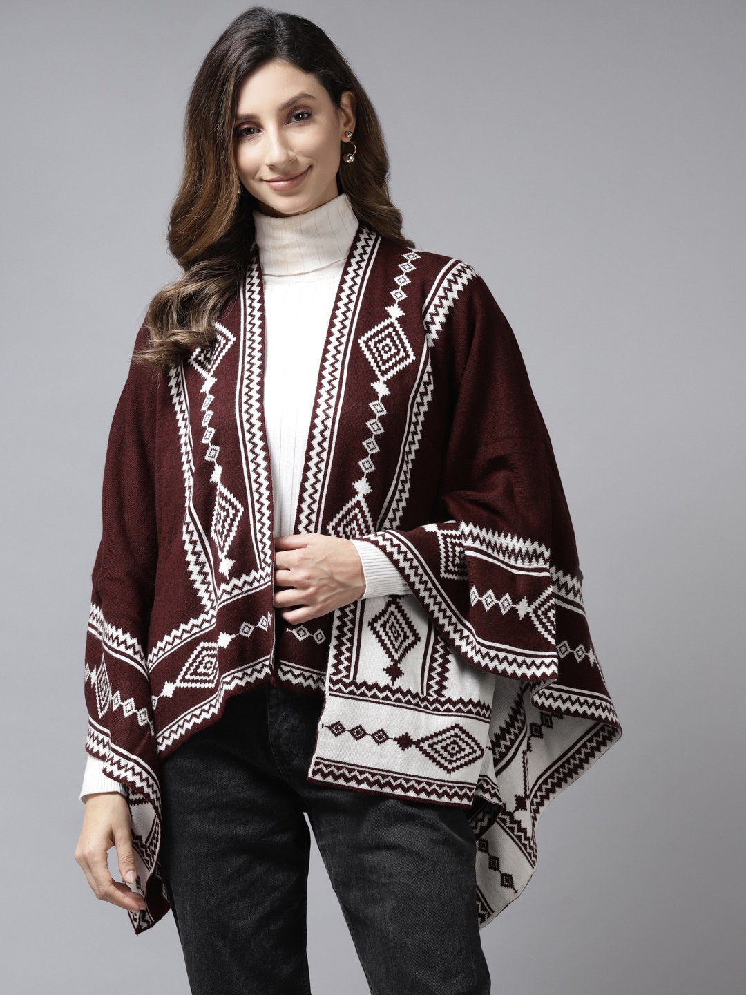 

Cayman Women Burgundy & White Self-Design Poncho