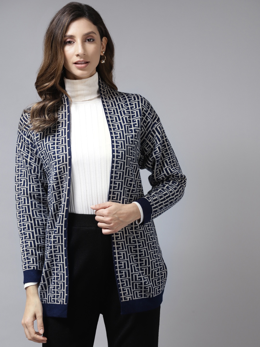 

Cayman Women Navy Blue & Off White Front-Open Sweater