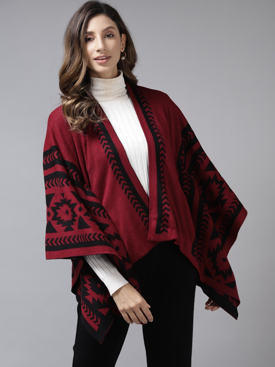 

Cayman Women Maroon Self-Design Poncho